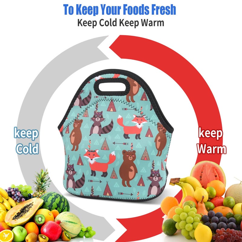 Violet Mist Womens Reusable Neoprene Lunch Bag Cute Insulated Lunch Box Fox Bear Animal Thermal lunch bags Waterproof Food Handbags Meal Prep Lunchbags Travel Work Gift for Women Men Adult - Image 5